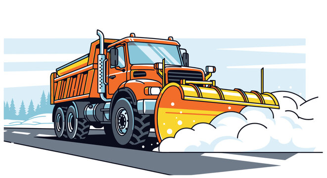 Large orange snowplow truck clearing road.