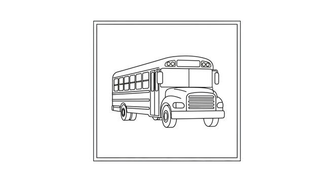 Detailed monochromatic line art depiction of a classic school bus, illustrating educational