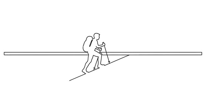 Minimalist continuous line drawing of a hiker ascending a steep mountain path with trekking poles