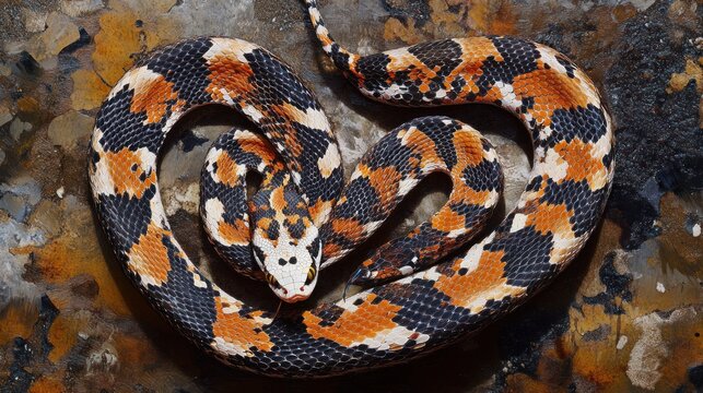 Colorful snake coiled on mottled rock surface, displaying vibrant patterns