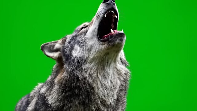 Close-up of a wolf's head howling powerfully against a vibrant green screen background, capturing its wild spirit and raw emotion in stunning detail