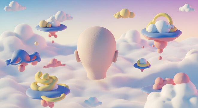 Back of bald head in a surreal dreamlike cloud landscape