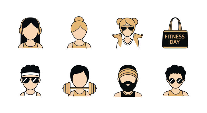 Fitness avatars with workout accessories and gym bag fitness day illustration, perfect for health and sport projects