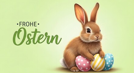 Obraz premium Frohe ostern konzept mit lustigem osterhasen in buntem osterei auf gr nem hintergrund ferien feiertag gru karte mit deutschem text