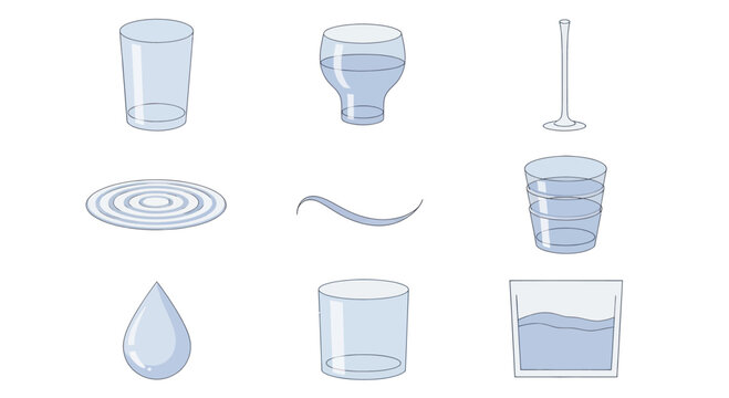 Water glass illustration set with various shapes and water levels, including drop and ripple effects, ideal for design and educational use