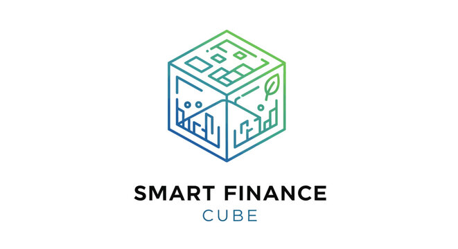 Modern smart finance cube logo with data analysis and sustainable growth symbols
