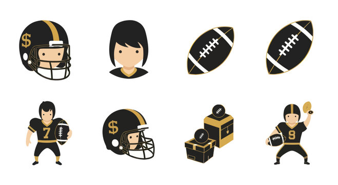 Set of American football icons including players in uniform, helmets, footballs, and equipment boxes, ideal for sports and game design projects