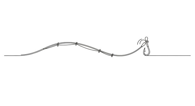 Minimalist continuous line art drawing of a fishing line with a hook for outdoor angling sport