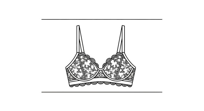 Detailed black and white line art illustration of a delicate lace bra design for fashion projects