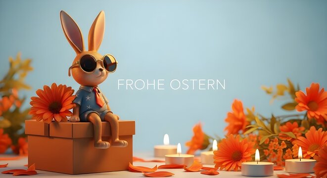 Frohe ostern konzept mit lustigem osterhasen in buntem osterei auf gr nem hintergrund ferien feiertag gru karte mit deutschem text