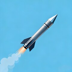 Naklejka premium Minimalist 3D Illustration of a Silver Rocket Launching into a Clear Blue Sky