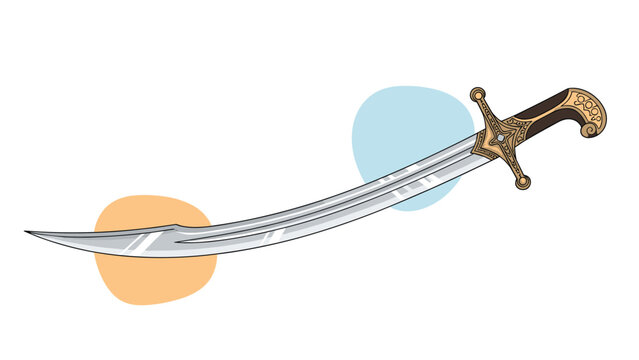 Decorative scimitar with a curved silver blade and an ornate gold and black hilt displayed on a stylized background.
