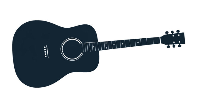 Dark blue silhouette of an acoustic guitar isolated on a plain white background, showing detailed fretboard with markers, tuning pegs, bridge, and decorative soundhole rings in flat vector style.