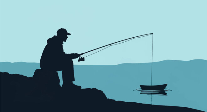 Vector silhouette of a fisherman sitting on a rock holding a fishing rod with a line in the water near a small boat, featuring a scenic landscape of hills and a pale blue sky.