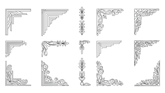 Collection of thirteen decorative corner border elements in various styles from geometric to floral is presented in a grid.