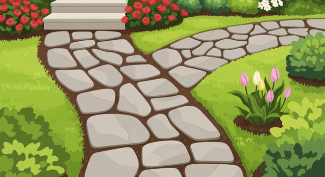 Vector illustration of a winding flagstone garden path forking into two directions through a lush green backyard with red roses, tulips, shrubs, and stone steps.