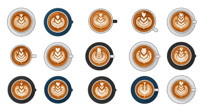 Set of fifteen vector icons featuring coffee cups from a top-down view with various latte art designs including rosettes and hearts in foam, ceramic mugs in white blue and black.