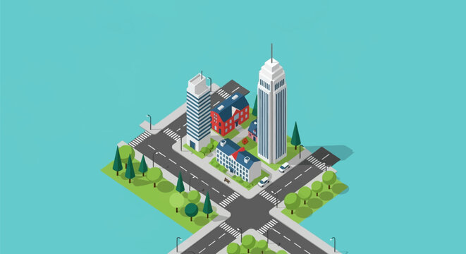 Isometric 3D vector illustration of a minimalist urban city block featuring skyscrapers, office buildings, asphalt roads with crosswalks, streetlights, and green trees on a teal background.