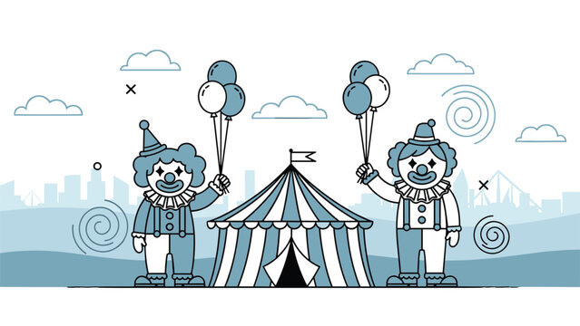 Two friendly clowns holding blue and white balloons stand outside a circus tent with a city landscape in the background.