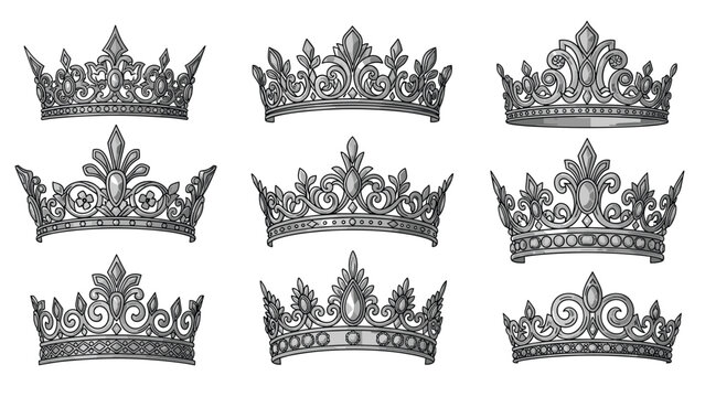 Set of nine different ornate silver crown designs with intricate filigree and jewels shown in a detailed hand drawn style.