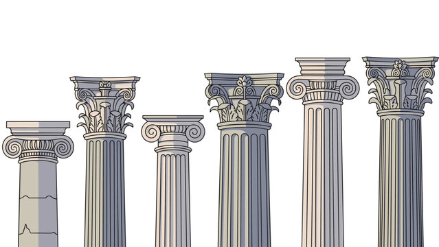 Collection of various architectural columns in classical styles including ionic and corinthian designs on a white background.