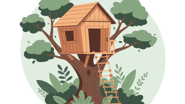 Charming wooden treehouse built into a large leafy green tree with a rope ladder hanging down in a circular frame.
