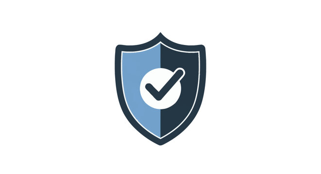 Vector illustration of a security shield icon with a white check mark inside a circular badge, featuring a split blue and dark gray color palette on a white background for data protection.