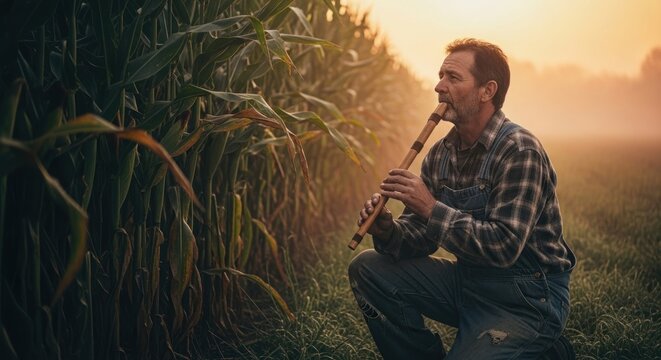 Man Playing Pan Flute Amidst Tall Corn Fields