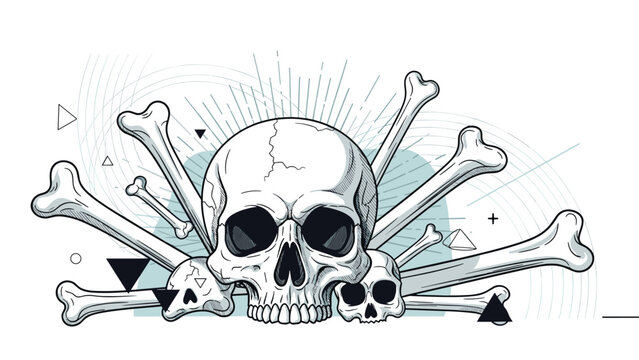 Detailed illustration of a human skull surrounded by various scattered bones and abstract geometric shapes on a clean white background.