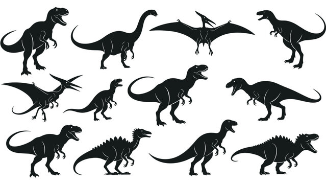 Educational collection of black dinosaur silhouettes featuring famous species like Tyrannosaurus Rex and Brachiosaurus on white.