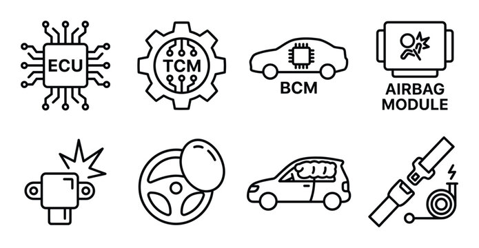 Automotive electronic control units and safety system components line icon set for vehicle repair