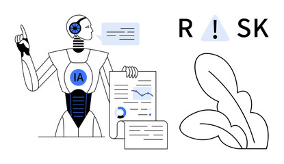 Data analysis, AI technology, risk management, information processing, automation, future of work. Robot pointing and holding documents with charts and text. AI technology and risk management theme © robu_s