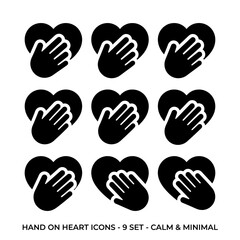 Obraz premium Set of Nine Minimal Hand on Heart Icons for Calm and Compassionate Design.
