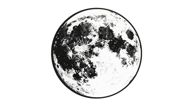 Black and white vector illustration of a full moon with detailed craters, surface textures, and lunar maria, isolated on a solid white background with a thin circular border outline.