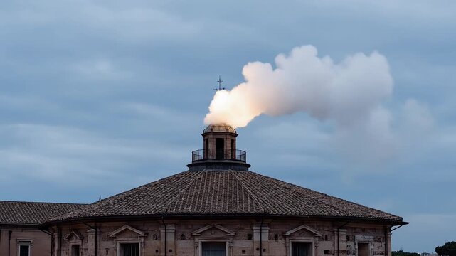 White smoke billows from a chimney on a domed building under a cloudy sky, signaling a significant event.