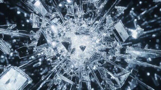 A shattered glass surface with sharp shards radiating from a central impact point