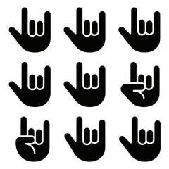 Obraz premium Set of Nine Black Hand Gesture Icons for Communication and Expression.