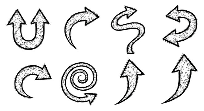 A collection of eight hand drawn arrow icons in various curved and bent shapes