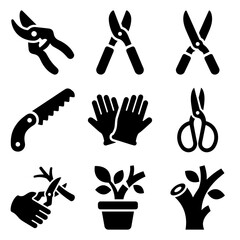 Fototapeta premium Collection of Gardening Tools and Plant Care Icons in Silhouette Style.