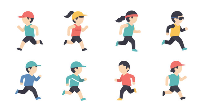 Set of diverse running cartoon kids in colorful sportswear, flat design vector illustration perfect for fitness, health, and activity projects