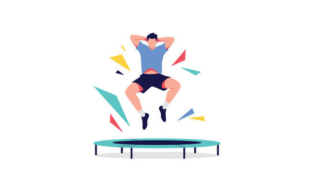 Energetic man jumping high on a small trampoline with colorful abstract shapes around him to represent movement and fitness.