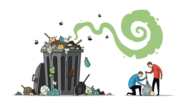 Two responsible people collecting scattered garbage into bags near an overflowing trash can with flies and a green foul odor cloud in the air.