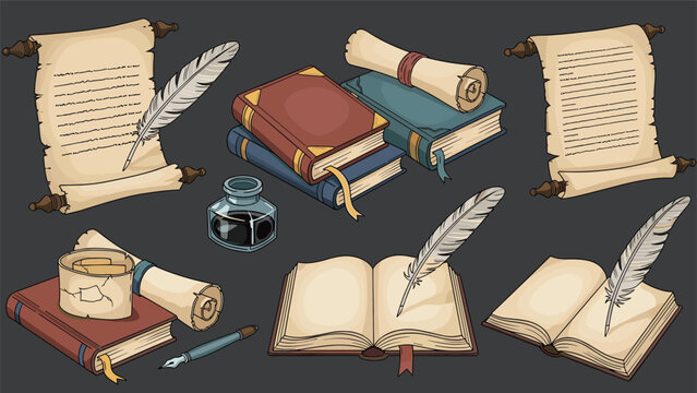 Collection of antique writing tools including feathery quills, an inkwell, old books, and scrolls arranged on a dark grey background scene.