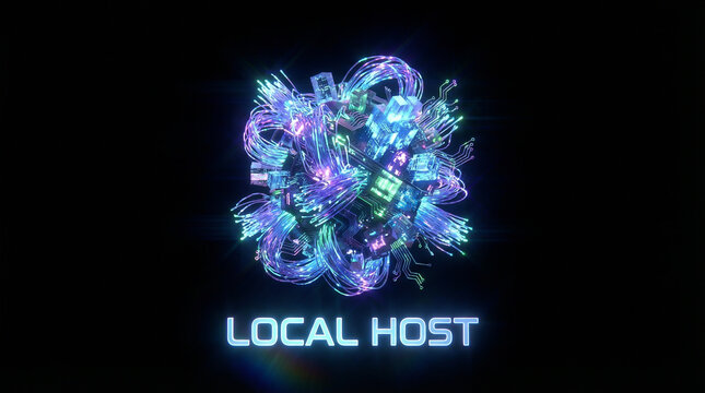Futuristic Digital Network Connection with Glowing Fiber Optics and Local Host Text