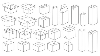 Fototapeta premium Extensive set of thin line cardboard box illustrations shows packages in various states including open, closed, tall, and wide configurations.