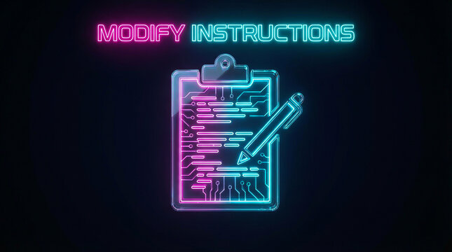 Neon Digital Clipboard with Pen Icon Featuring Modify Instructions Text in Cyberpunk Style