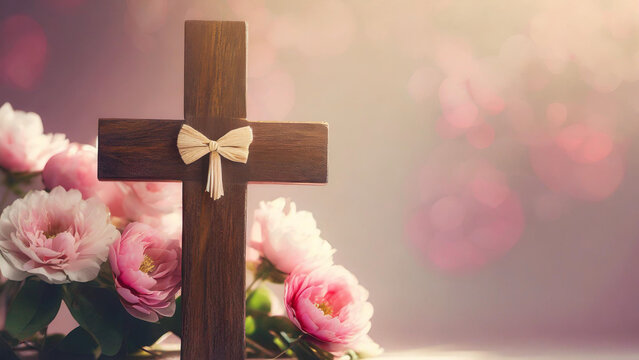 Close-up composition of cross with pink flowers in soft light, symbolizing representing Laetare Sunday joy, renewal, and hope during the Lenten season.