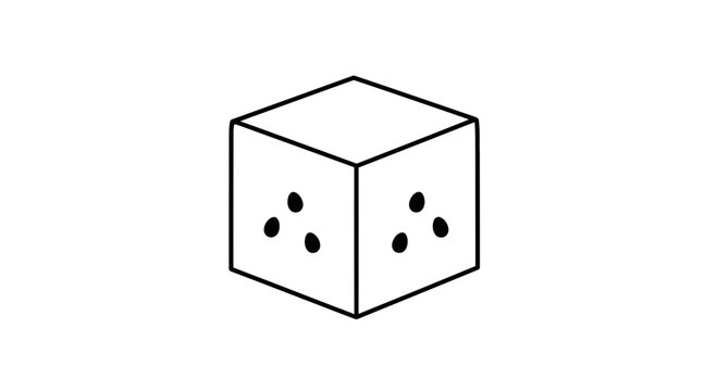Minimalist black outline drawing of a classic six-sided game dice displaying dots on two faces
