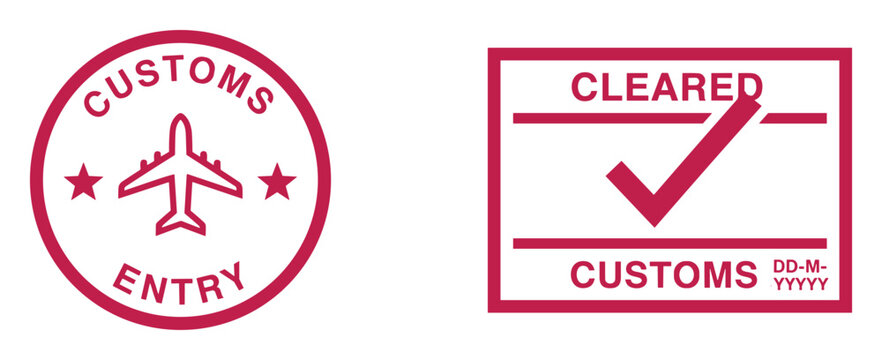 Customs entry and cleared stamps with airplane icon and checkmark symbol for international shipping