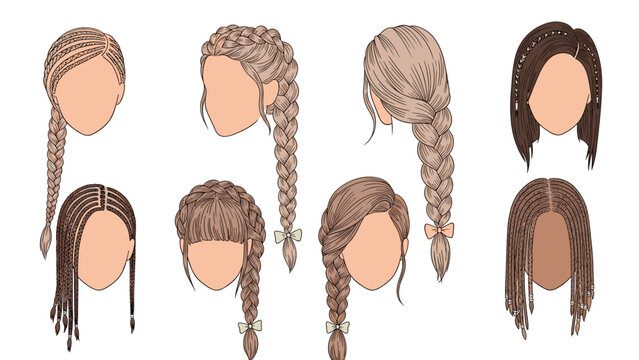 Collection of eight different braided hairstyle illustrations for girls shows various patterns including fishtails, cornrows, and buns.